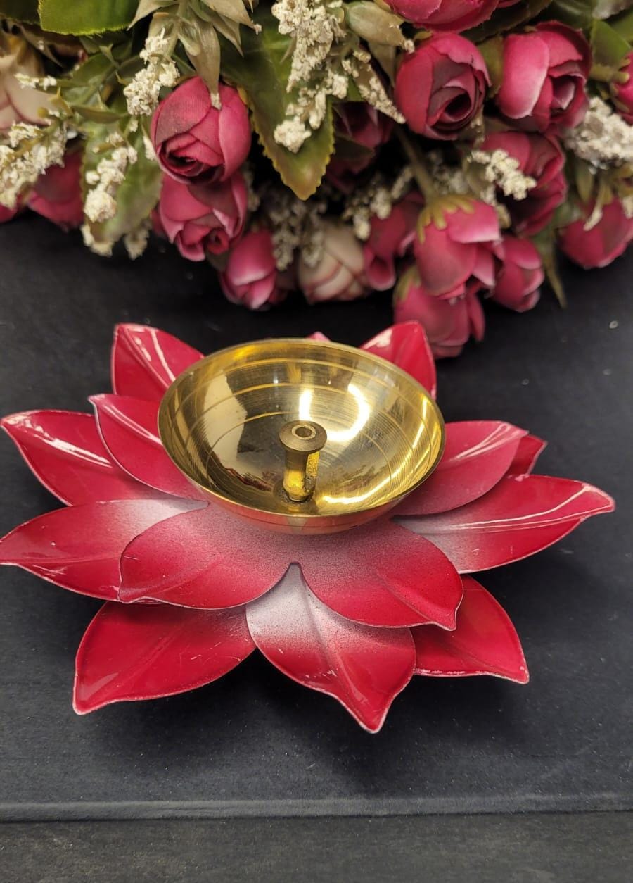 Brass Lotus Diya Red