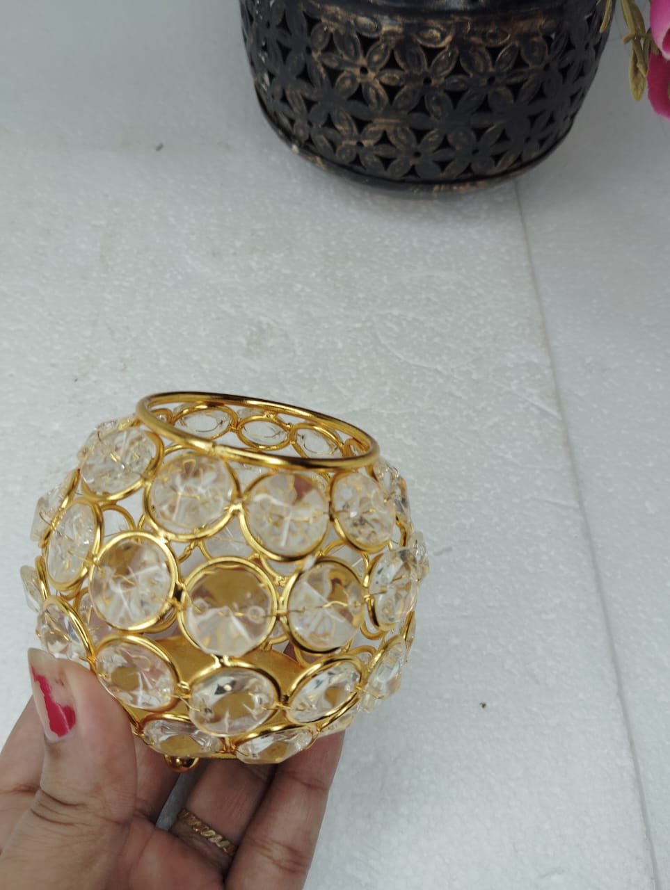 Round Brass Crystal Candle Holder
