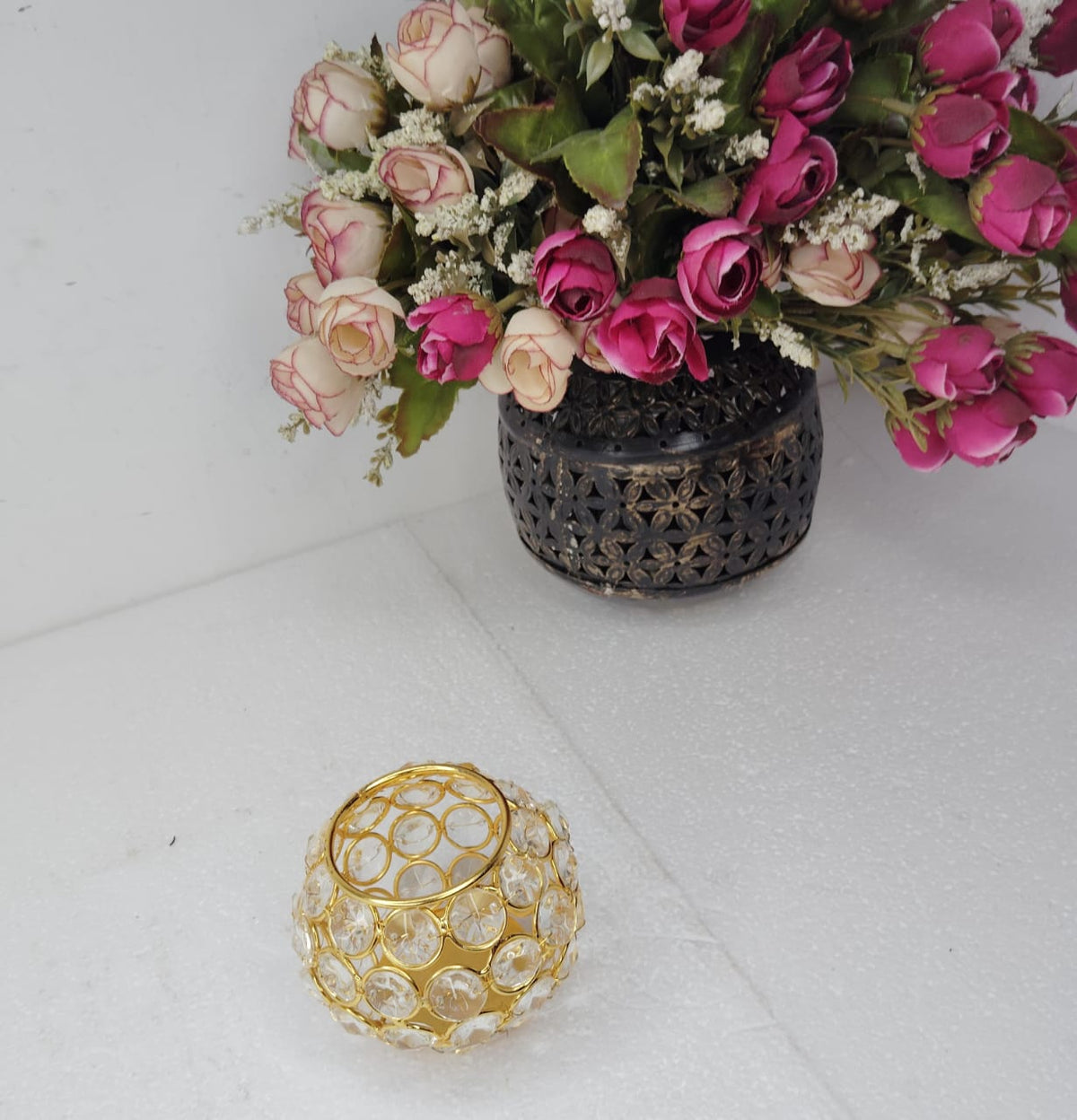 Round Brass Crystal Candle Holder
